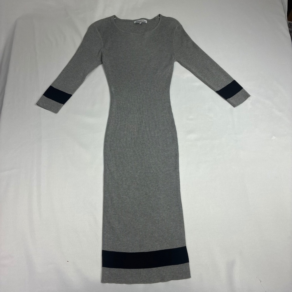 Stiletto's Ribbed Knit‎ Midi Dress W Large Grey Black Stripe Stretchy Excellent